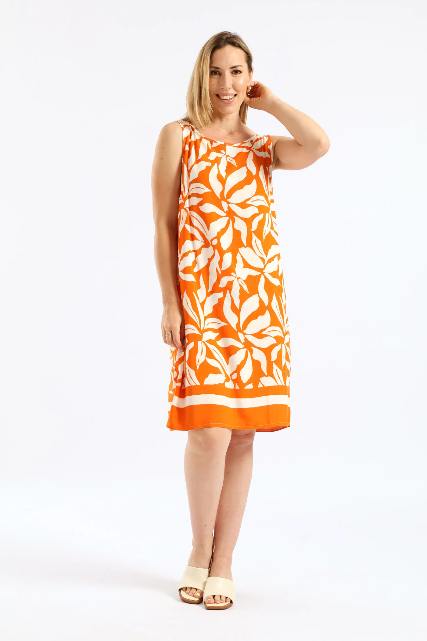 Border Print Shift Dress - White/Orange
