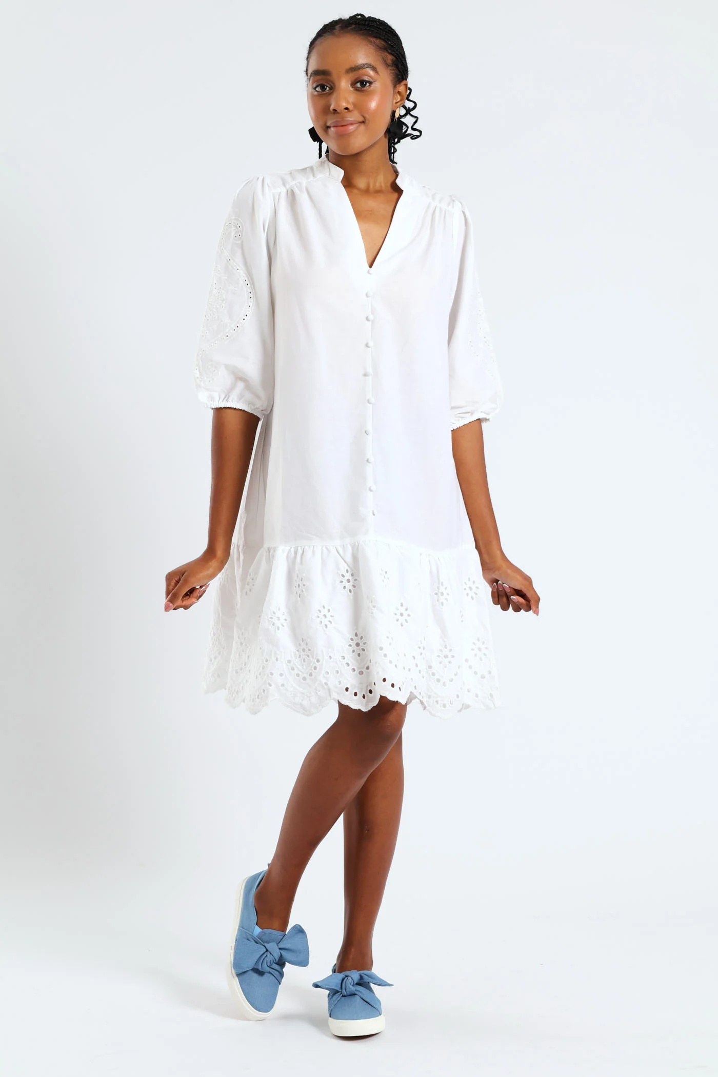 3/4 Sleeve Mandarin Collar Anglaise Detail Drop Hem Mini Dress - White