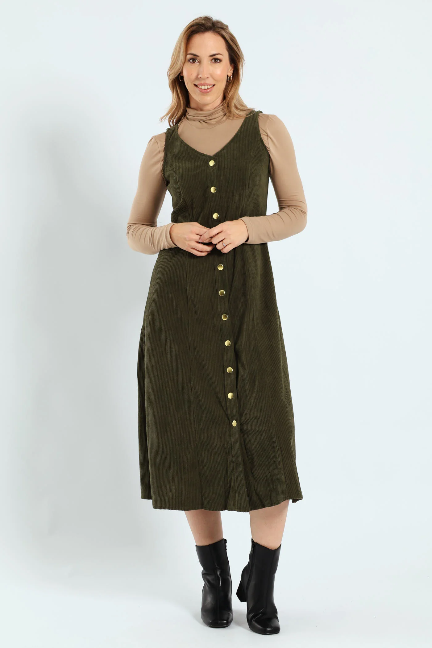 V-Neck Button Through Panelled Fit & Flare Corduroy Midi Dress - Dark Fatigue