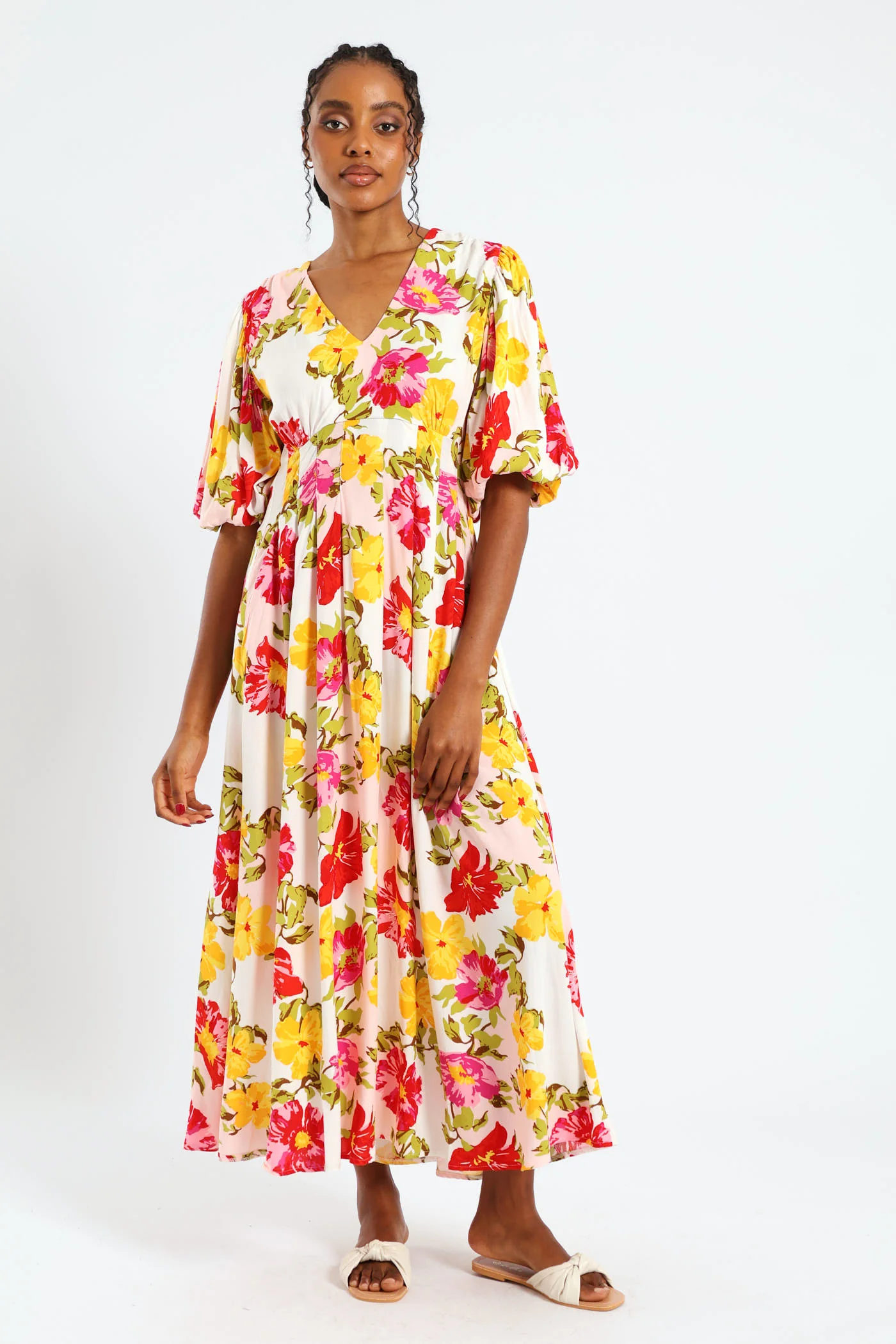 Bubble Sleeve V-Neck Pleat Detail Midaxi Dress