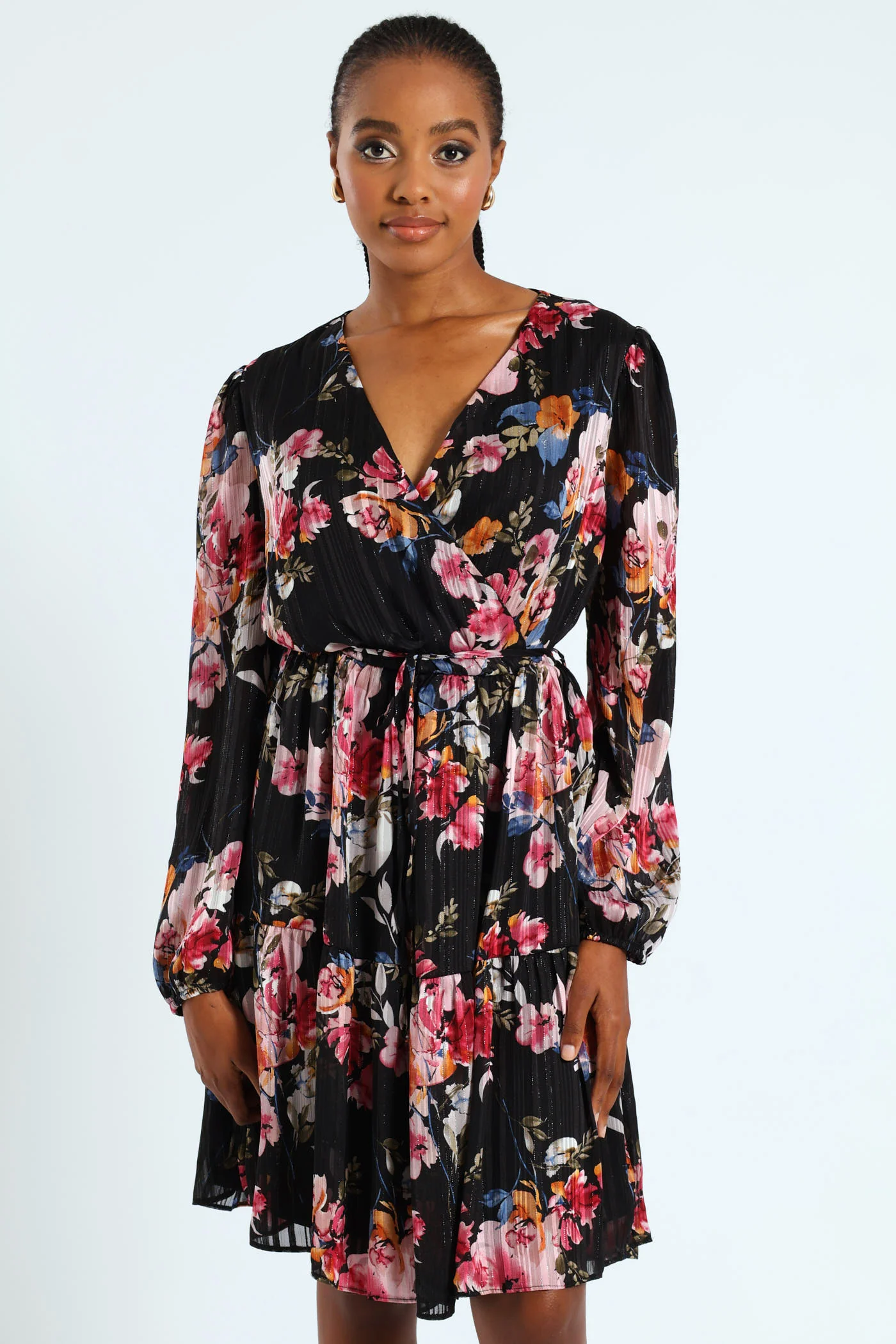 Wrap Waisted Frill Hem Tea Dress - Black