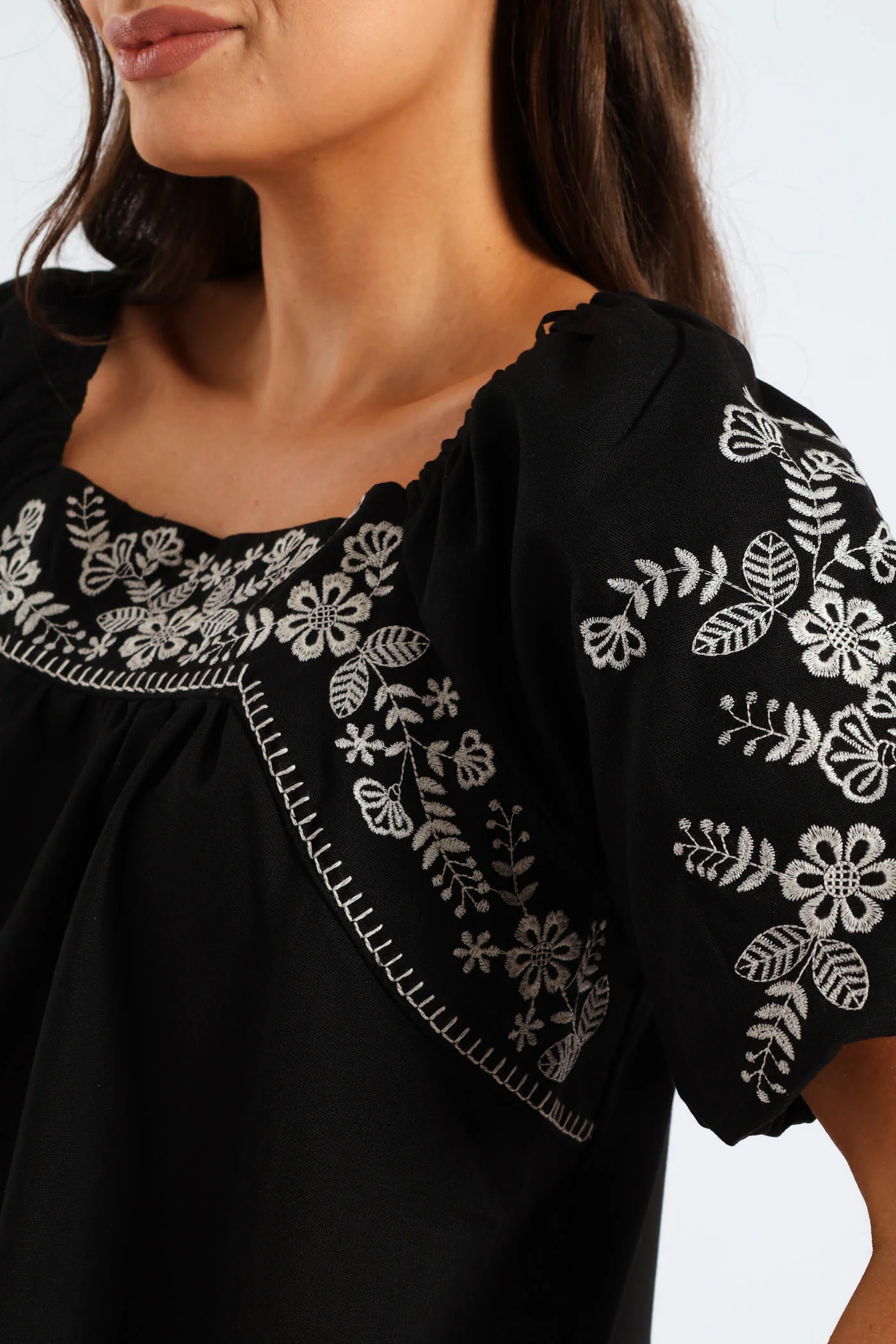 Bubble Embroidered Sleeve & Yoke Flare Midi Dress - Black