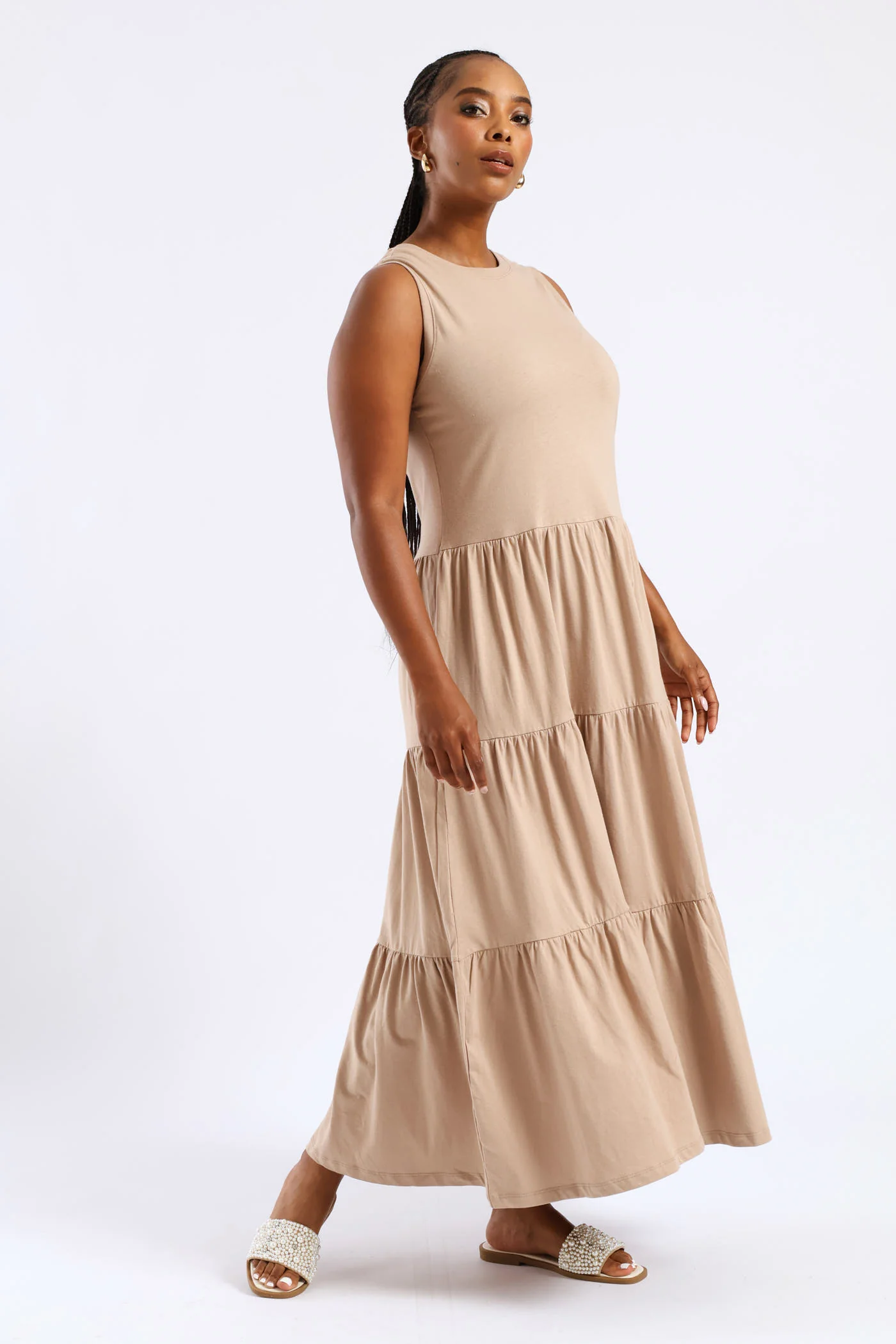 Rib Neck Tiered Cotton Midaxi Dress - Taupe
