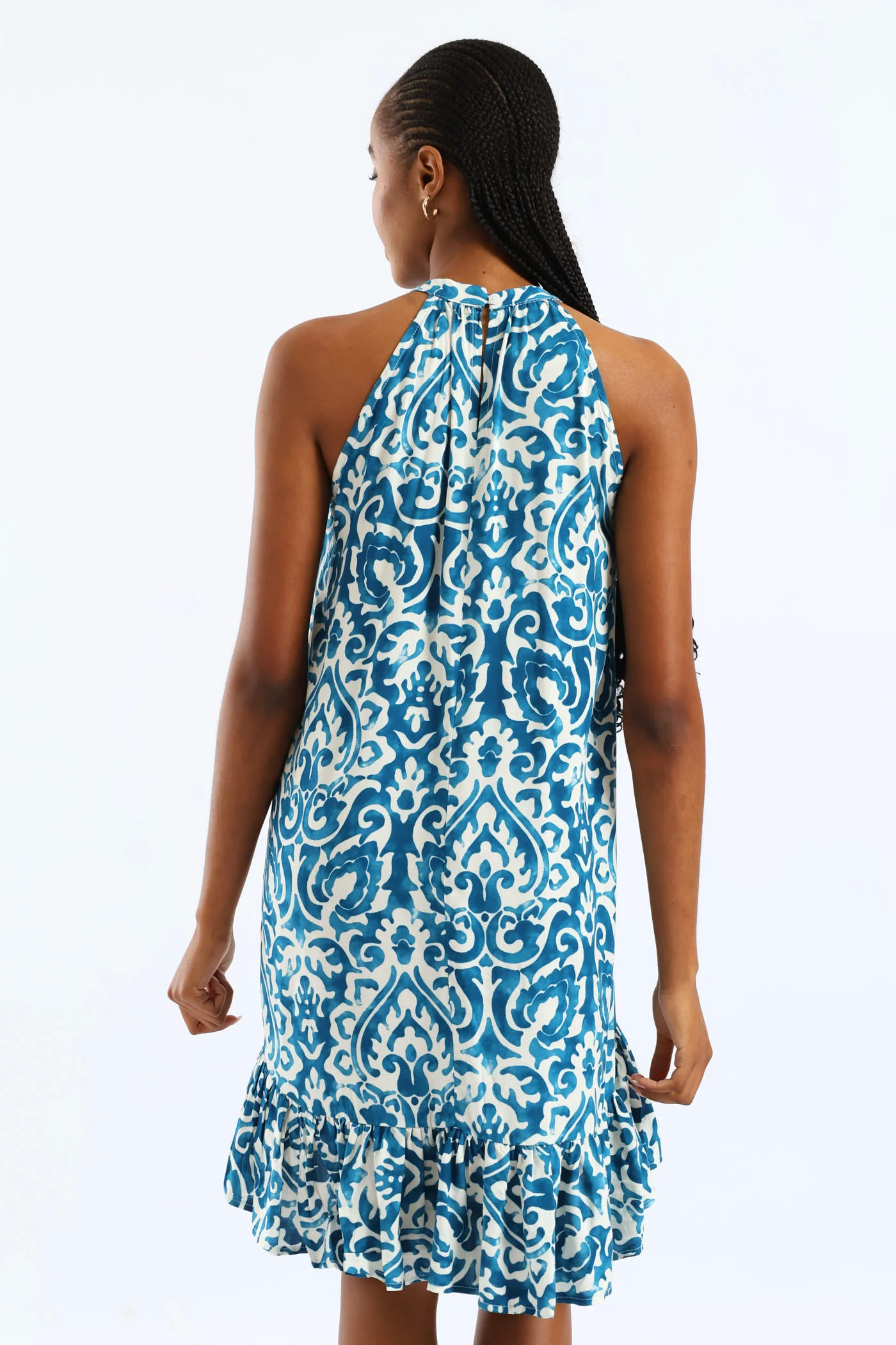 Halter Neck Frill Hem Hi-Lo Printed Mini Dress - White/Blue