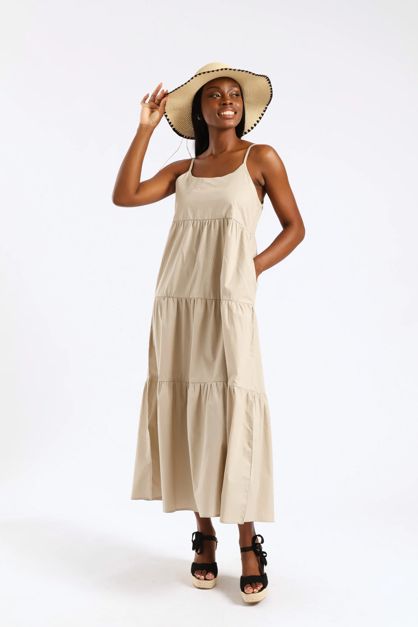 Strappy Tiered Poplin Maxi Dress - Taupe