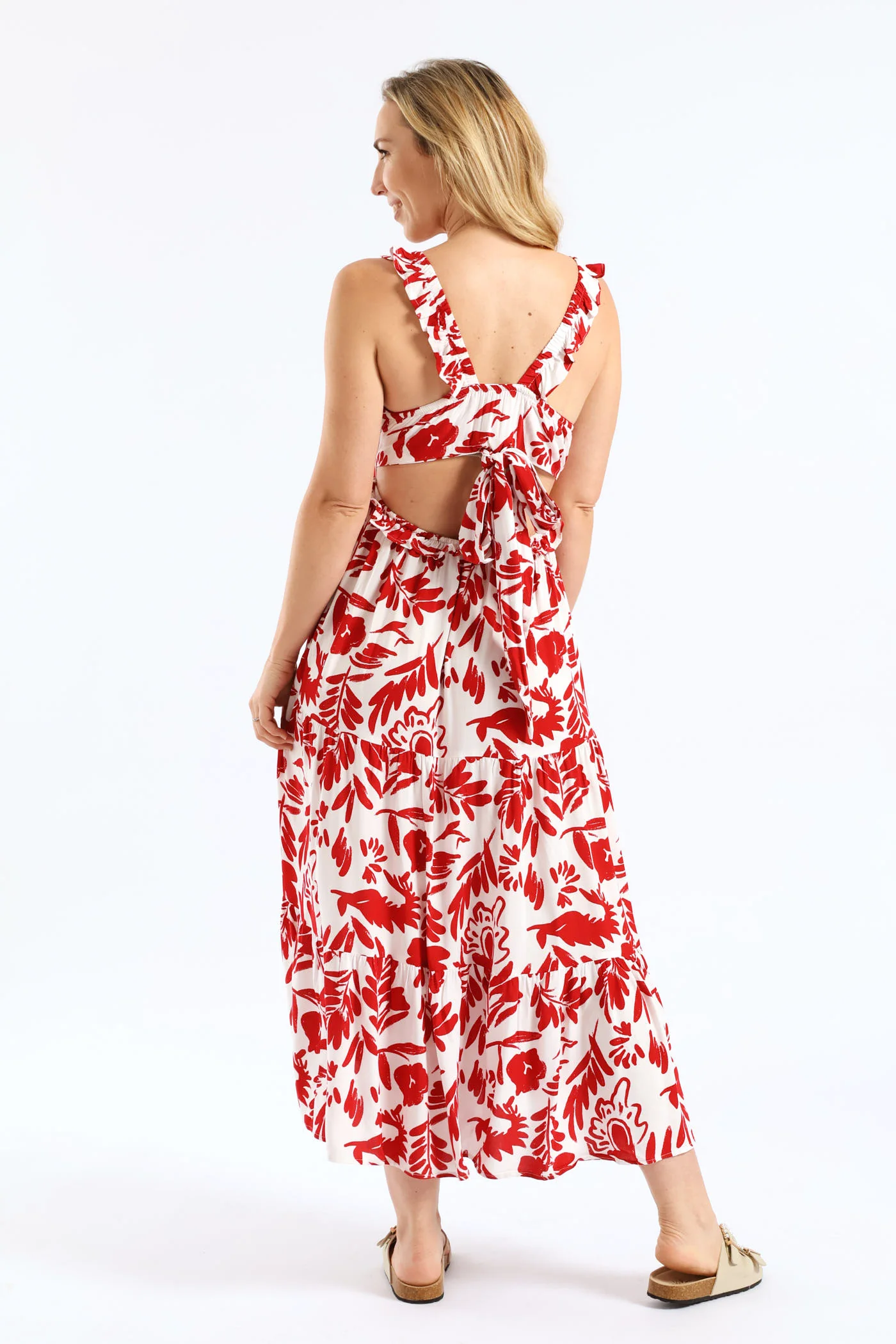 Frilly Shirred Bodice Open Back Tiered Maxi Dress - White/Red