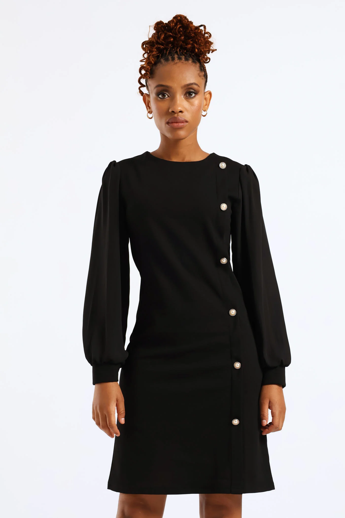 Side Button Through Knitwear Combo Dress - Black