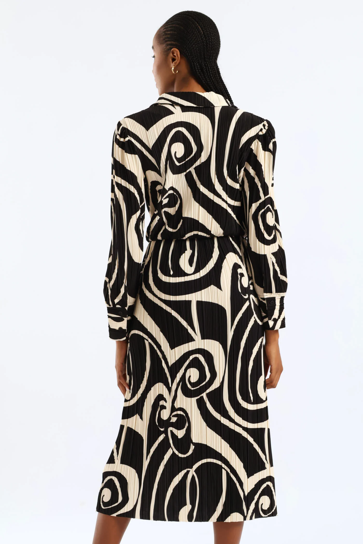 Collared Swirl Plisse Midi Dress - Black/Cream