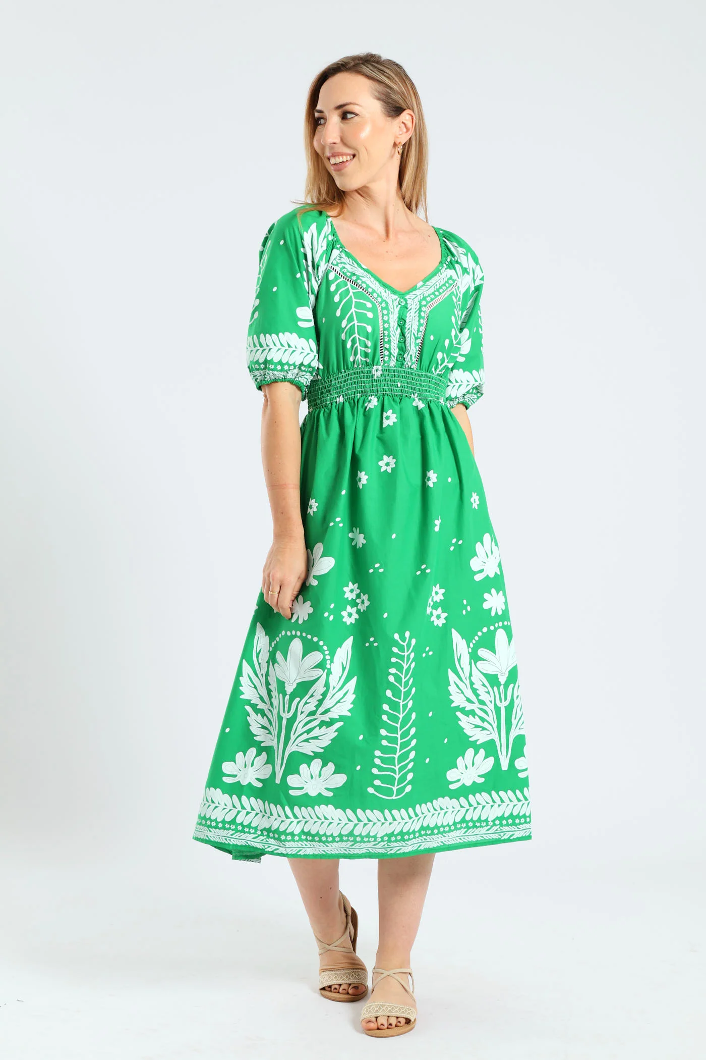 3/4 Sleeve V-Neck Border Print Midaxi Dress - Emerald