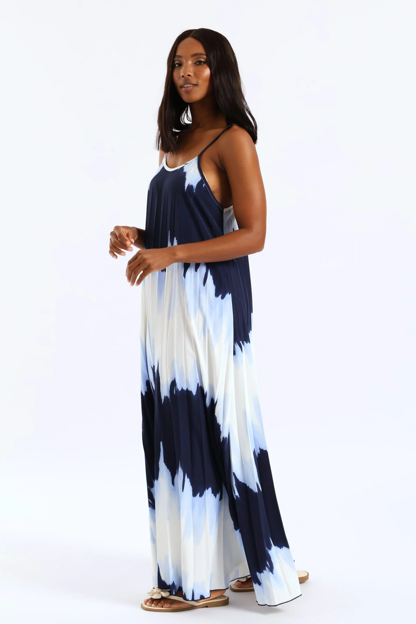 Strappy Pleated Tie-Dye Maxi Dress - Blue