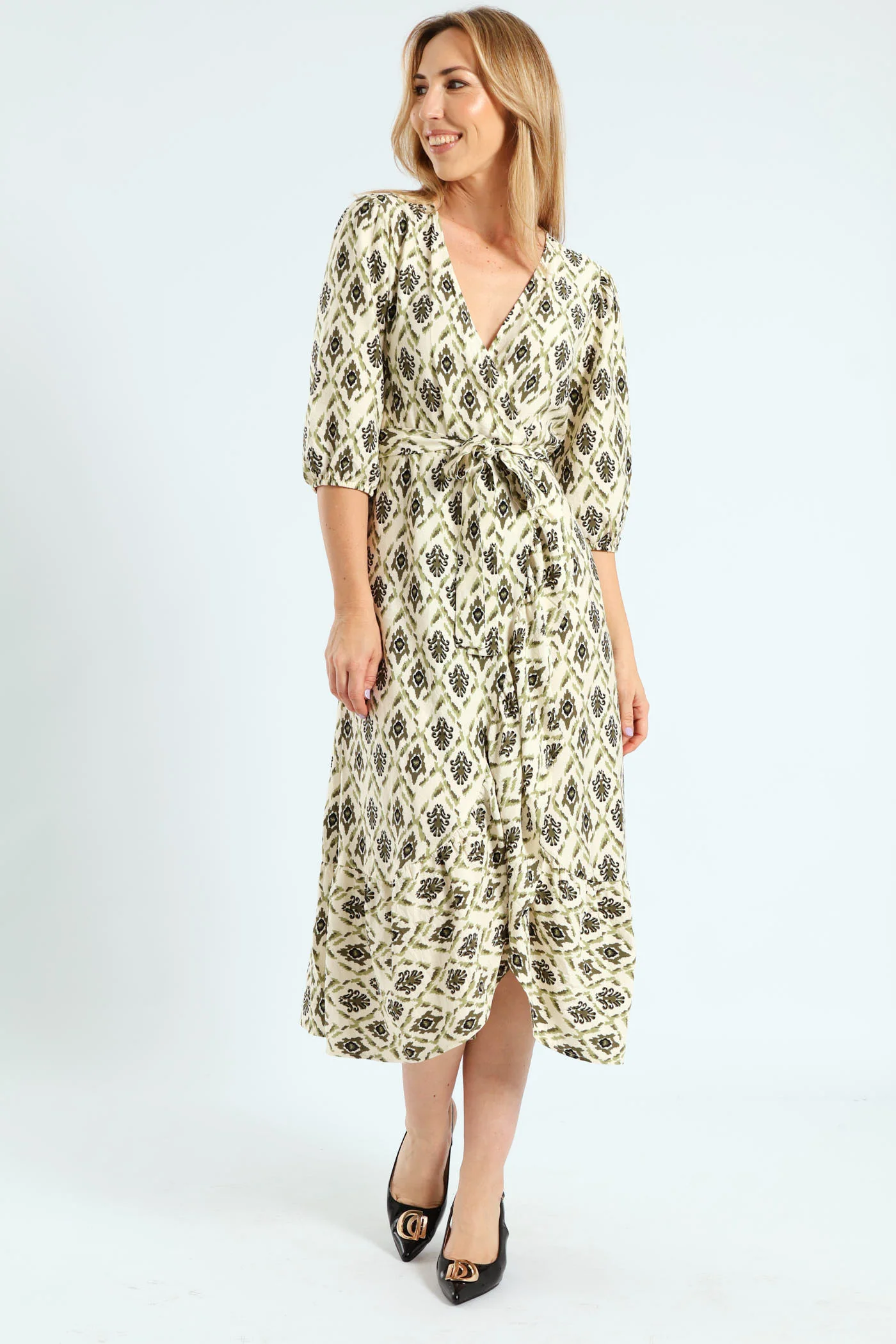 3/4 Sleeve Mock Wrap Frill Hem Midi Dress - Fatigue/Stone