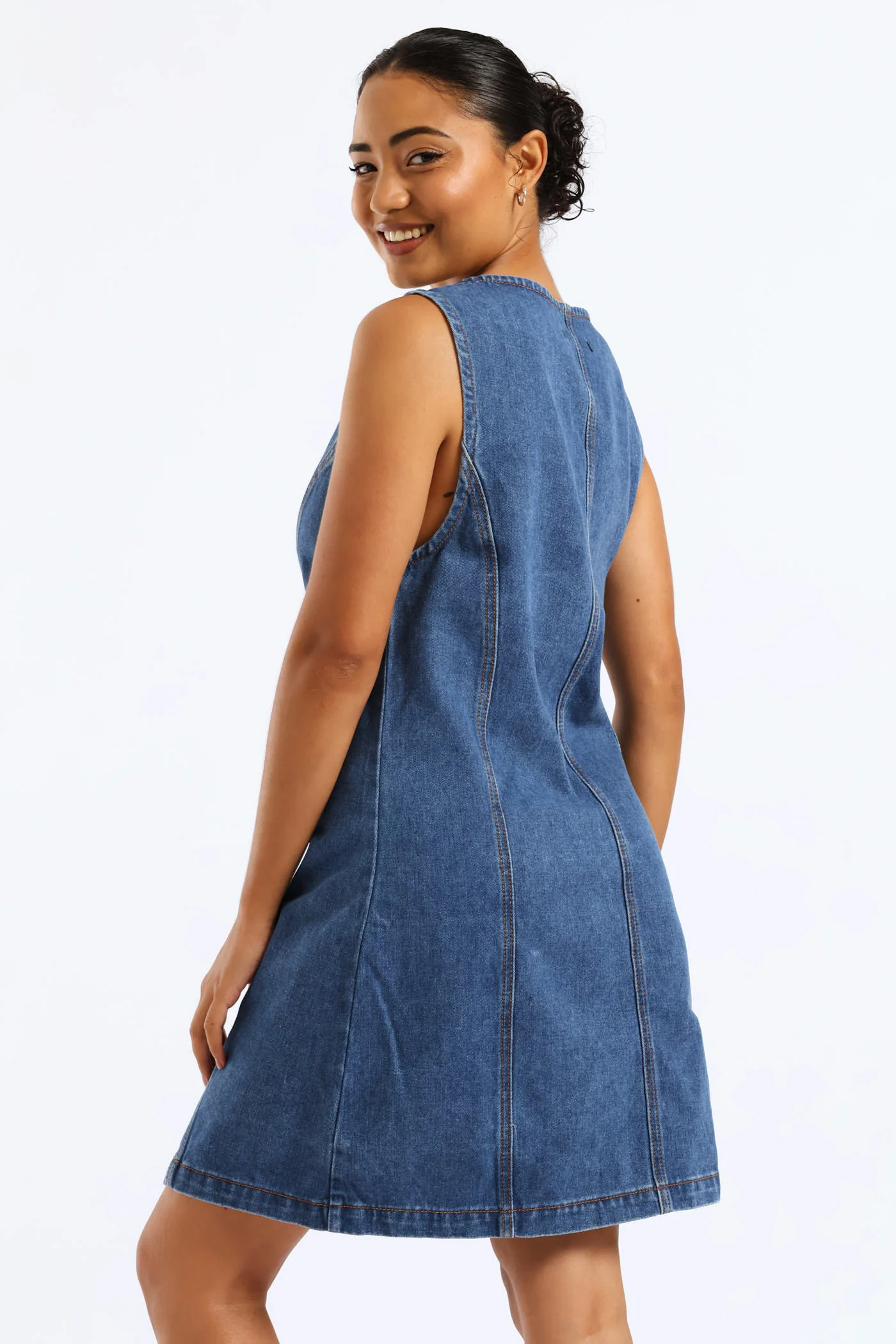 Button Through Denim Mini Dress - Salty Mid Wash
