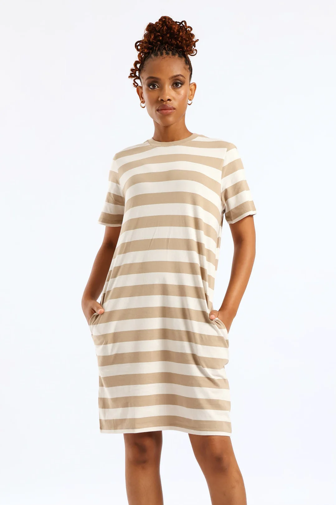 Crew Neck Stripe T-Shirt Dress - Beige/Mocha