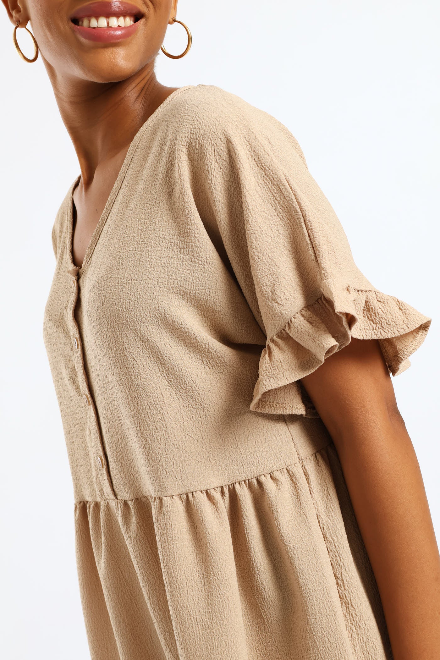 V-Neck Button Detail Babydoll Dress - Chestnut