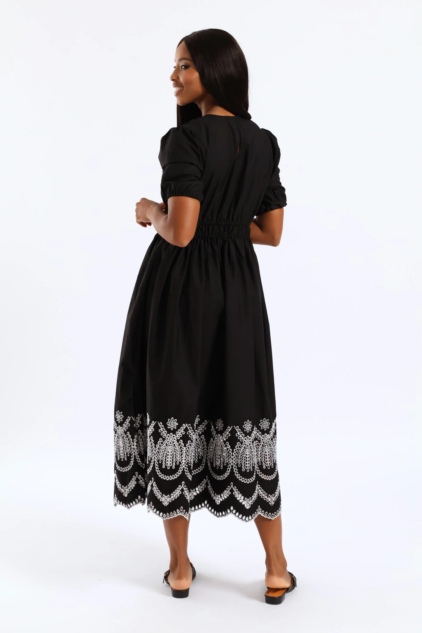 Bubble Sleeve Anglaise Hem Fit & Flare Midi Dress - White/Black