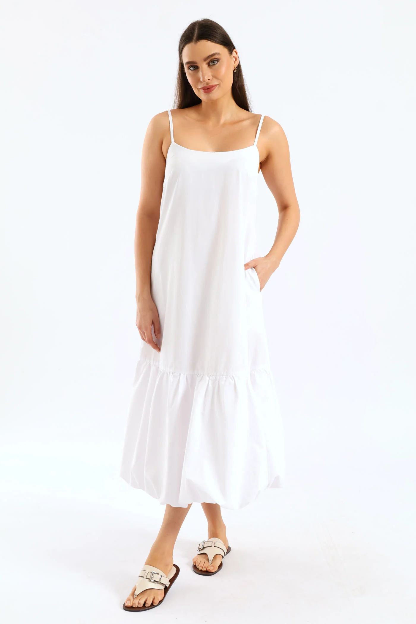 Strappy Drop Bubble Hem Slip Midi Dress - White