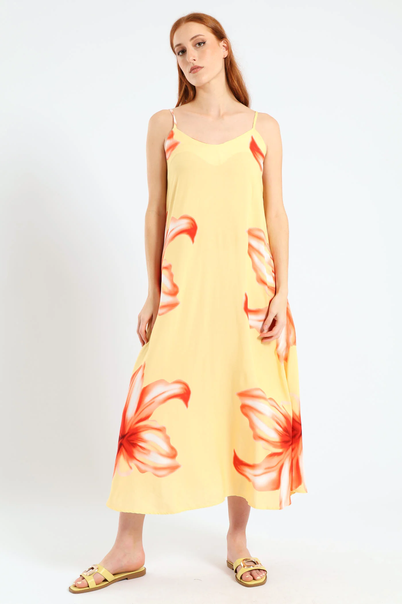 Strappy A-Line Hyper Floral Slip Midi Dress - Light Yellow