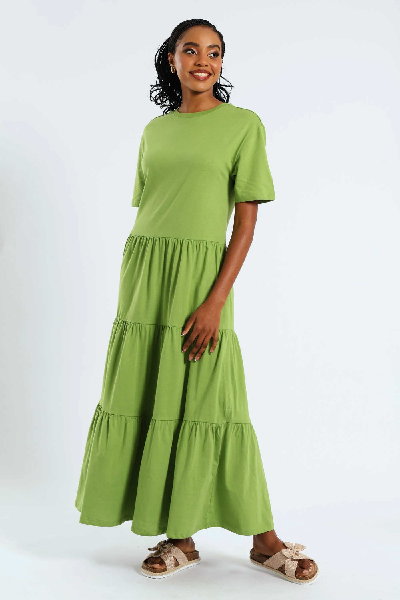 Rib Neck Tiered Cotton Midaxi Dress - Chartreuse