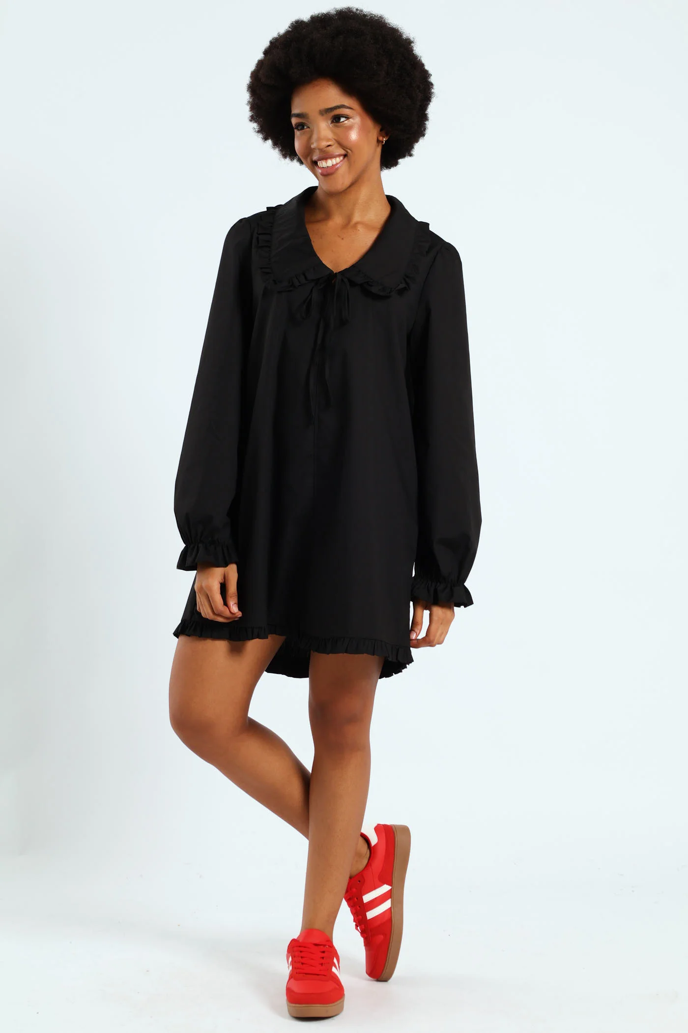 Collared Frill Hem Mini Dress - Black