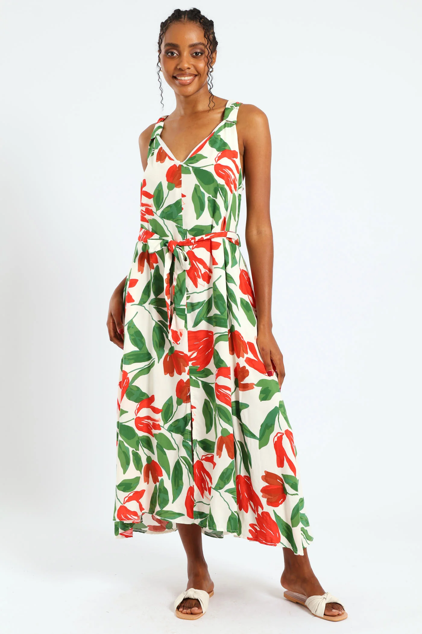 Sleeveless Wide Strap V-Neck Trapeze Midi Dress - Multi