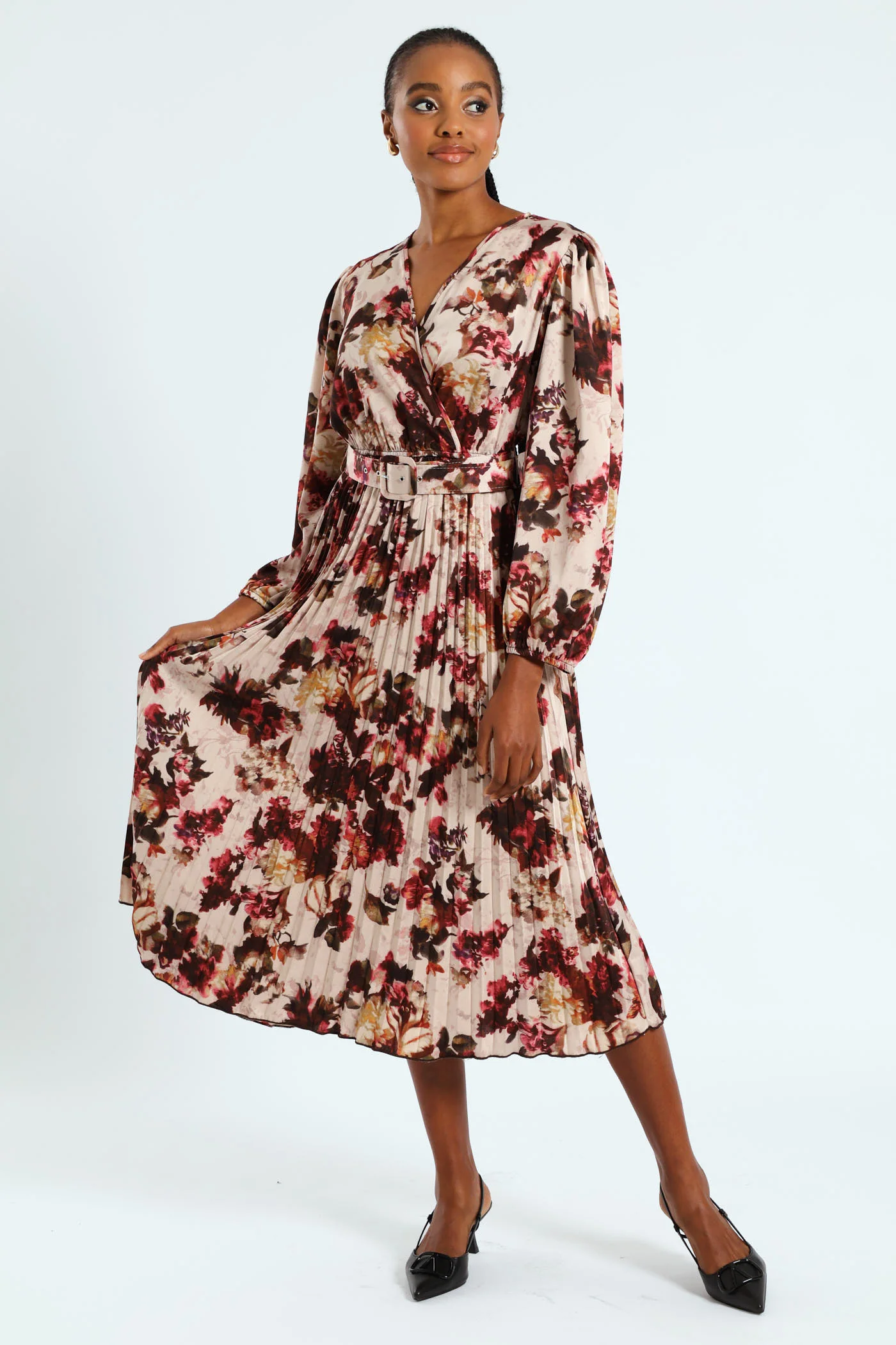 Pleated Satin Belted Wrap Maxi Dress - Cream