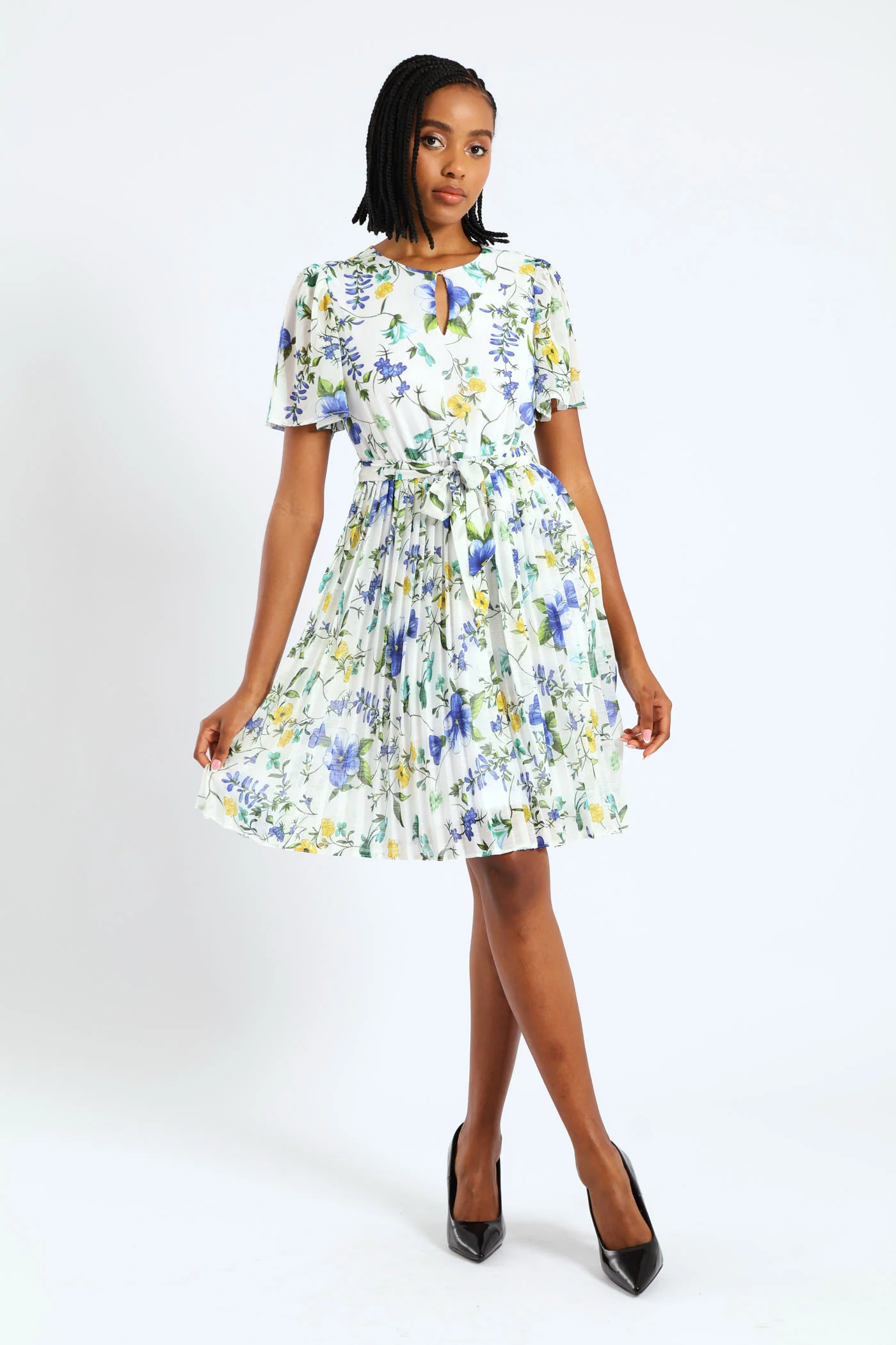 Keyhole Floral Pleated Tea Dress - Blue