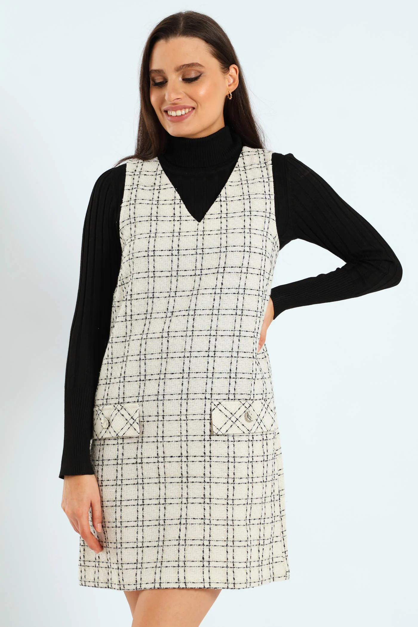 V-Neck Tweed Shift Dress - Cream/Black