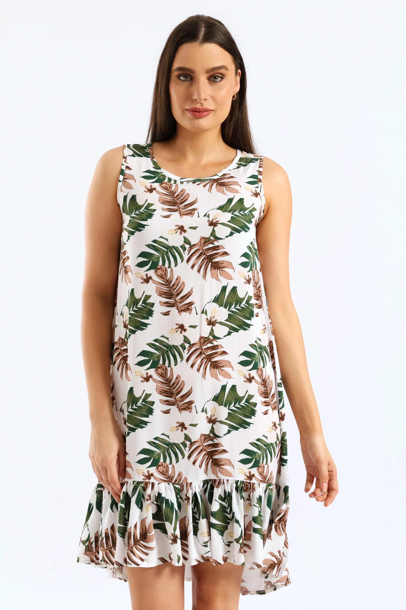 Frill Hem Hi-Lo Printed Shift Mini Dress - White