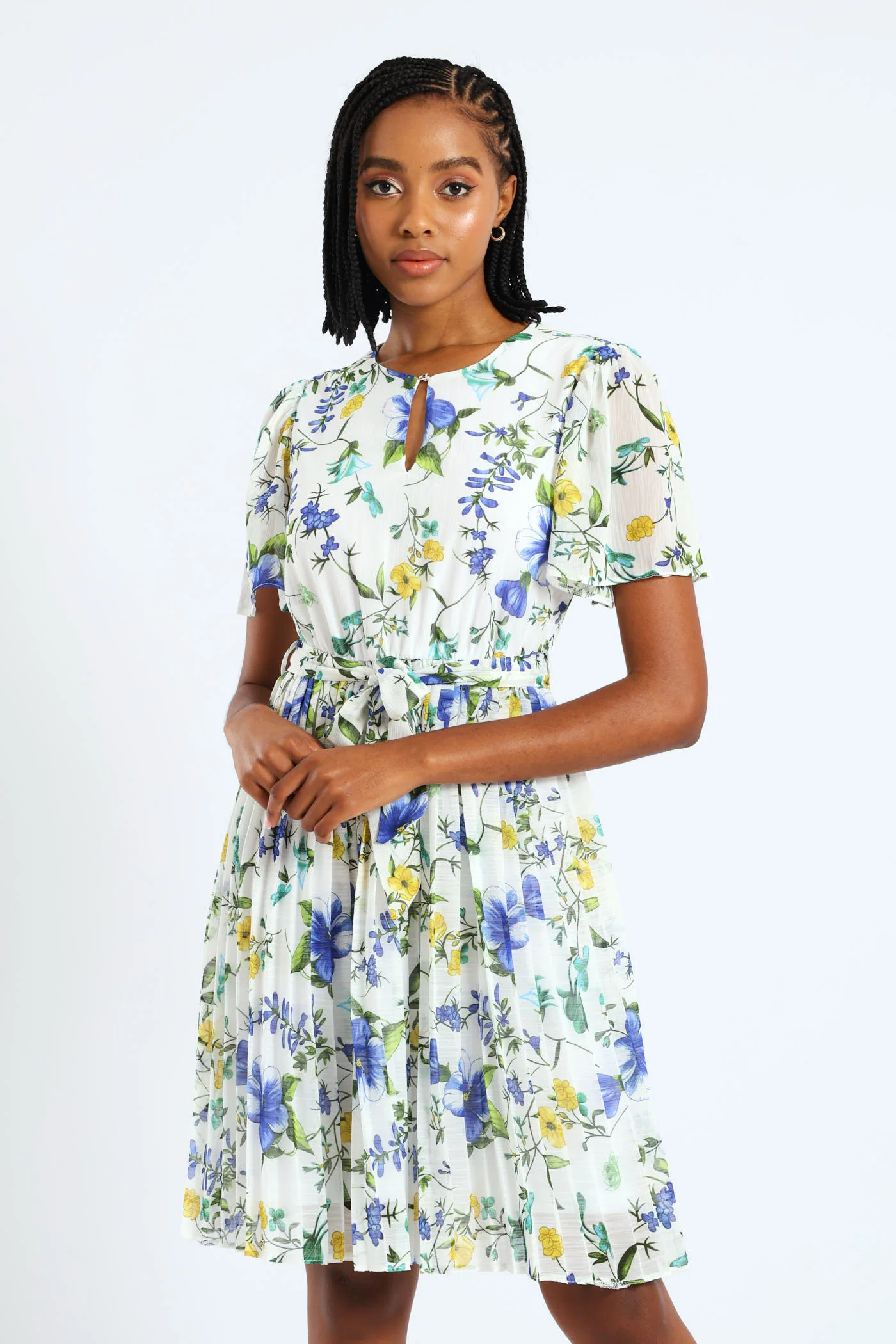 Keyhole Floral Pleated Tea Dress - Blue