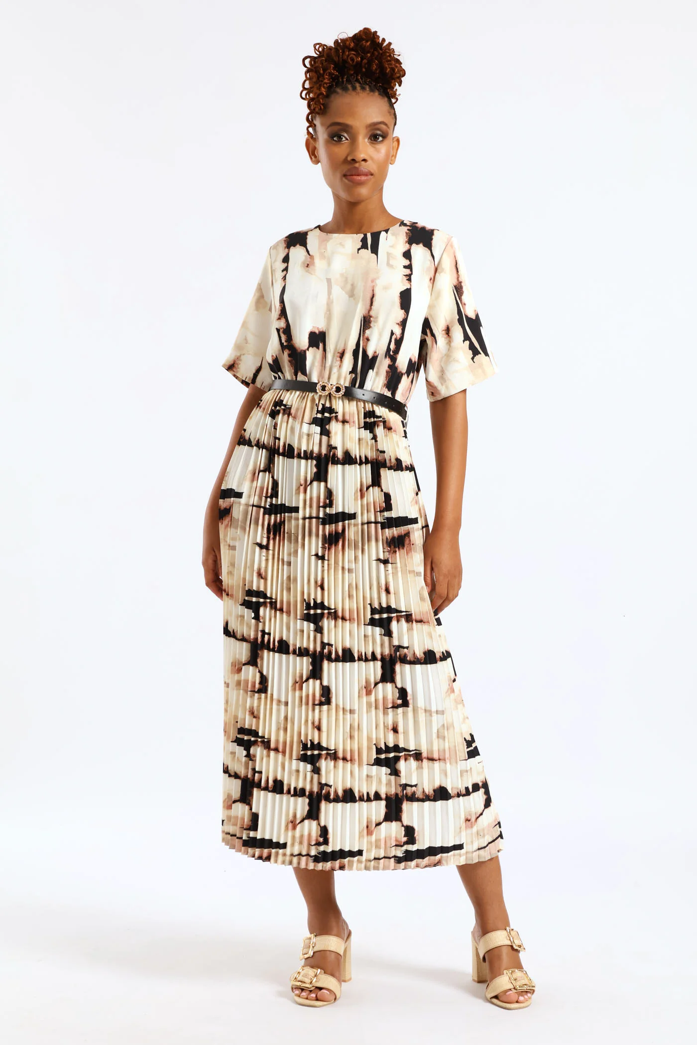 Belted Pleated Maxi Dress - Rose/Cream