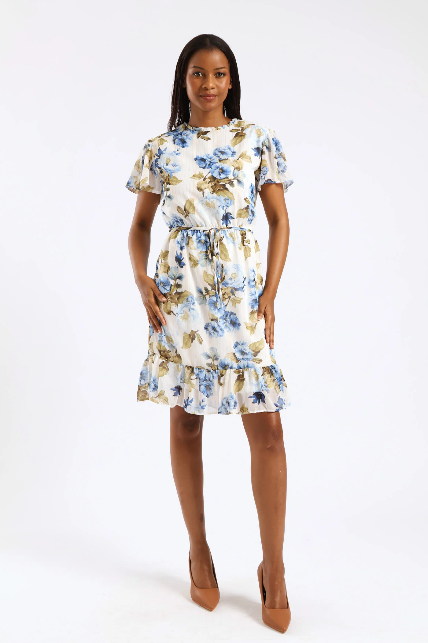 Tie Up Flutter Sleeve Tea Dress - Cream/Blue