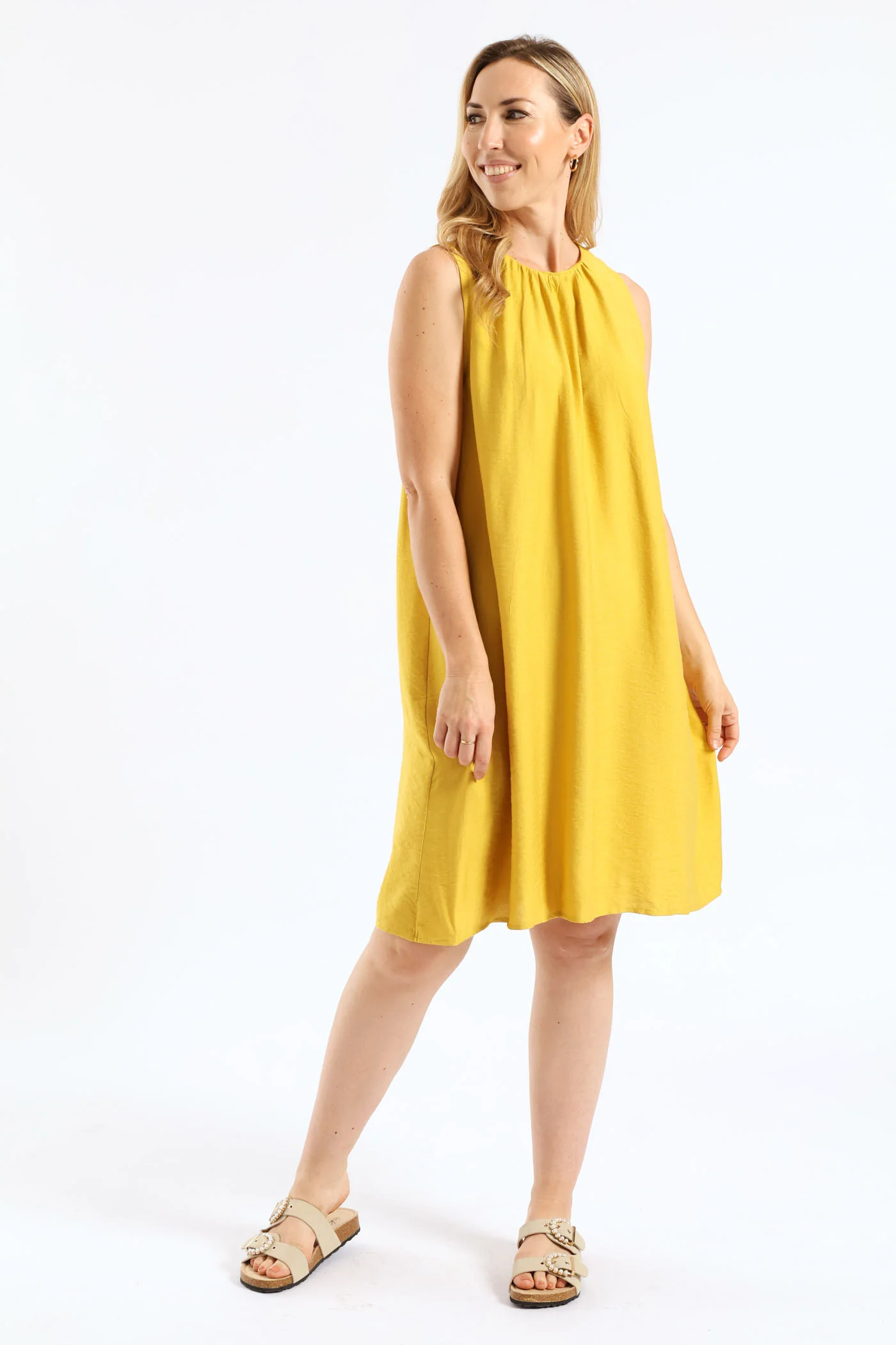 Gauged Neck Shift Mini Dress - Ochre