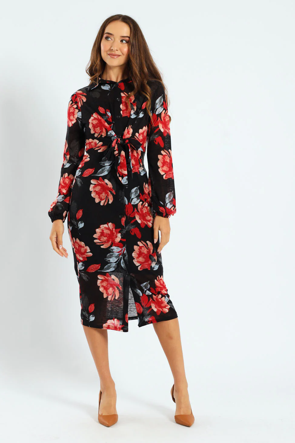 Tie Front Cut & Sew Shirt Midaxi Dress