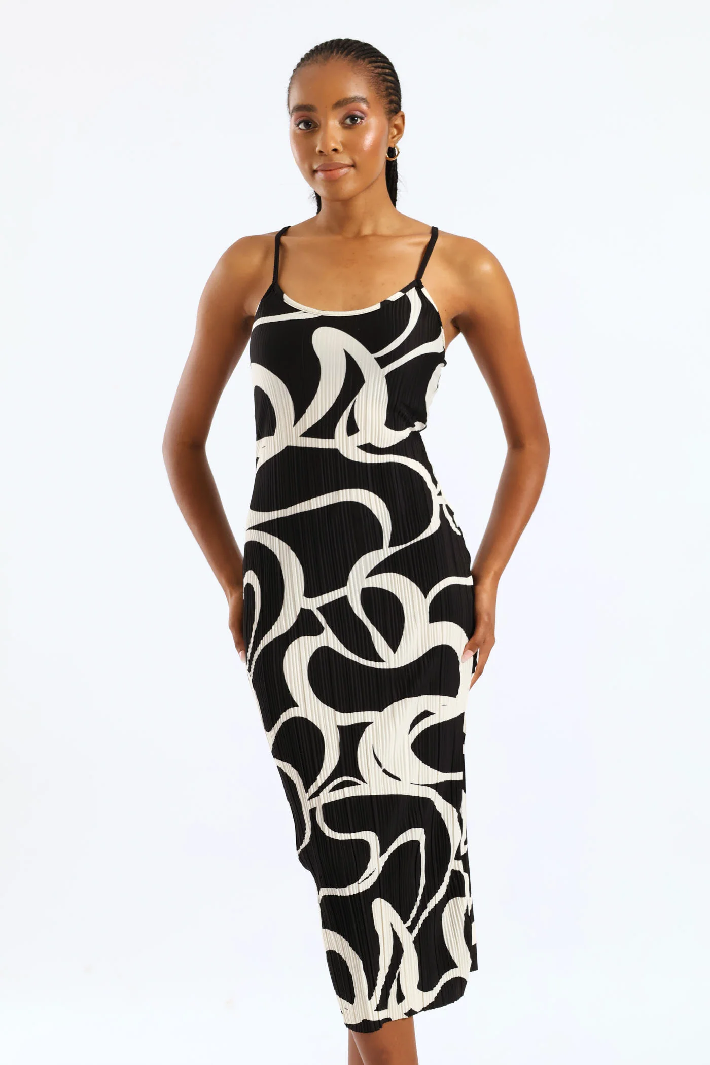 Strappy Plisse Midi Slip Dress - Black/Cream