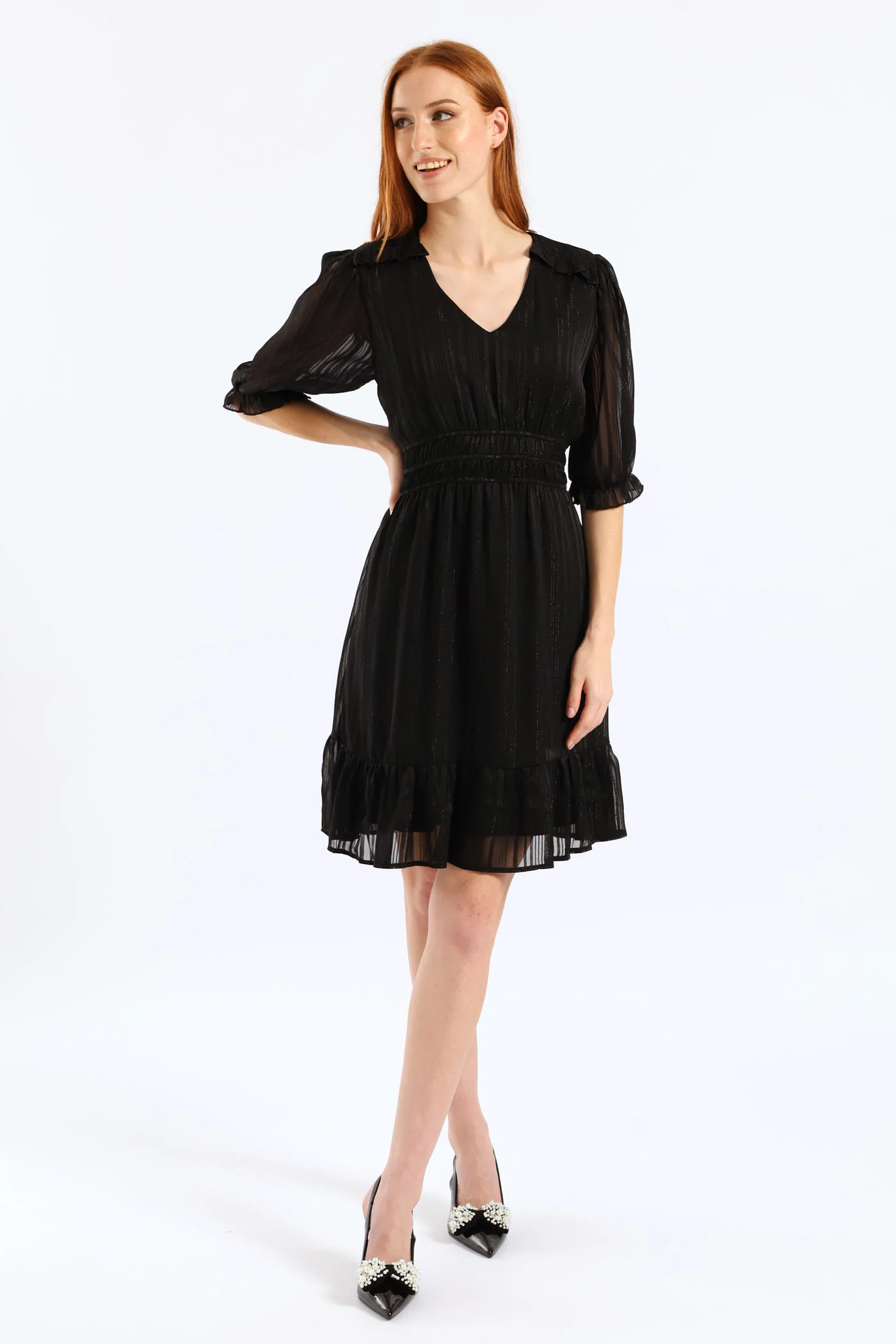 V-Neck Puff Sleeve Waist Tea Dress - Black