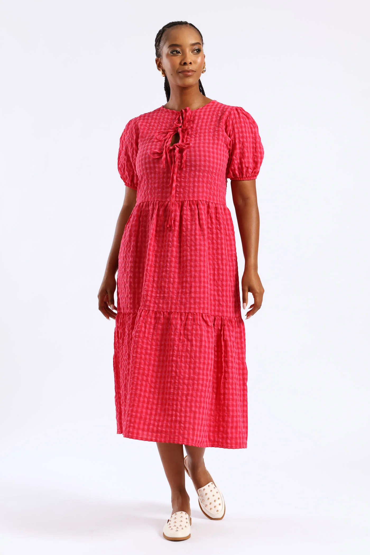 Puff Sleeve Tie Detail Tiered Gingham Midaxi Dress - Bright Pink