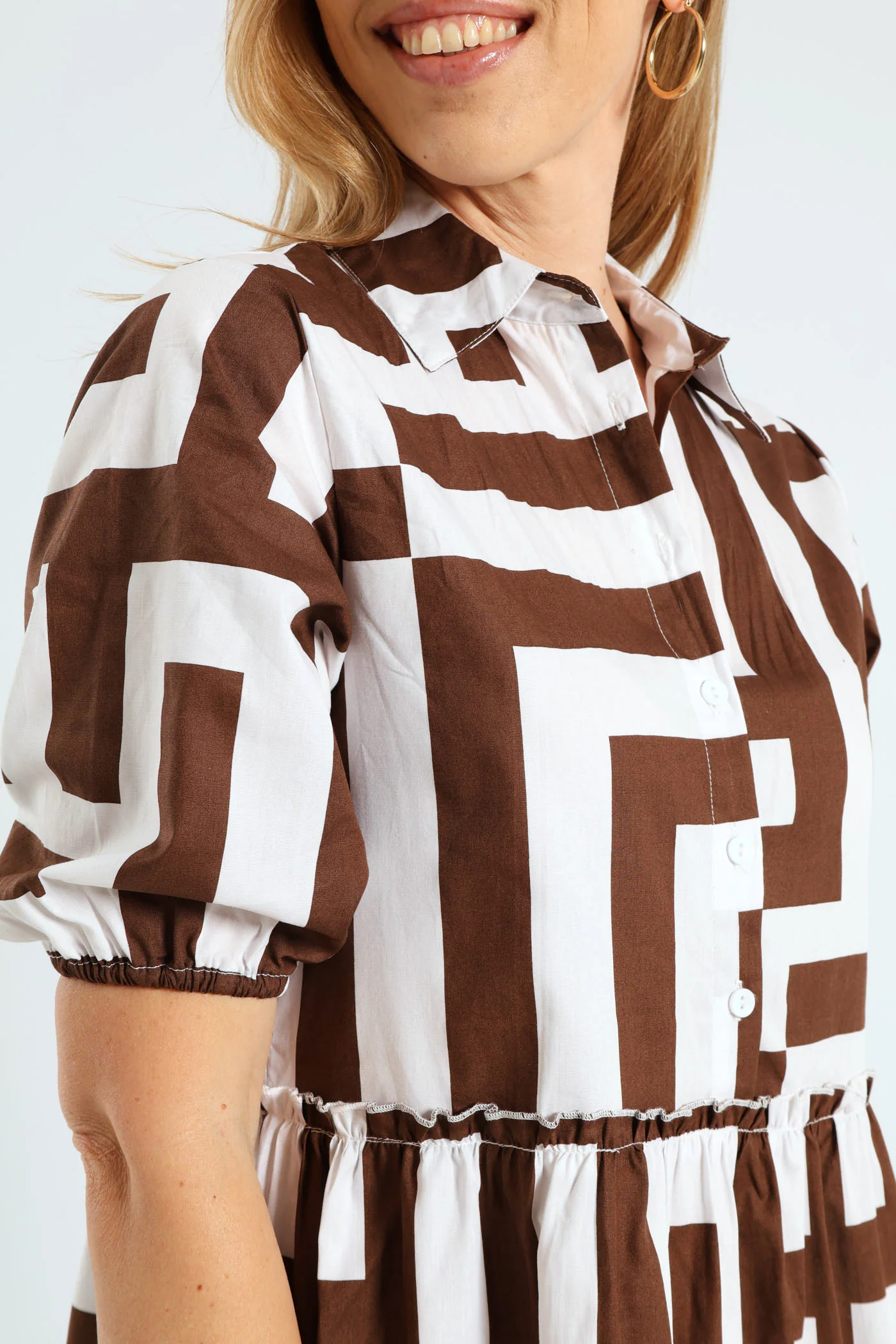 3/4 Sleeve Half Placket Frill Tiered Shirt Mini Dress - Brown/White