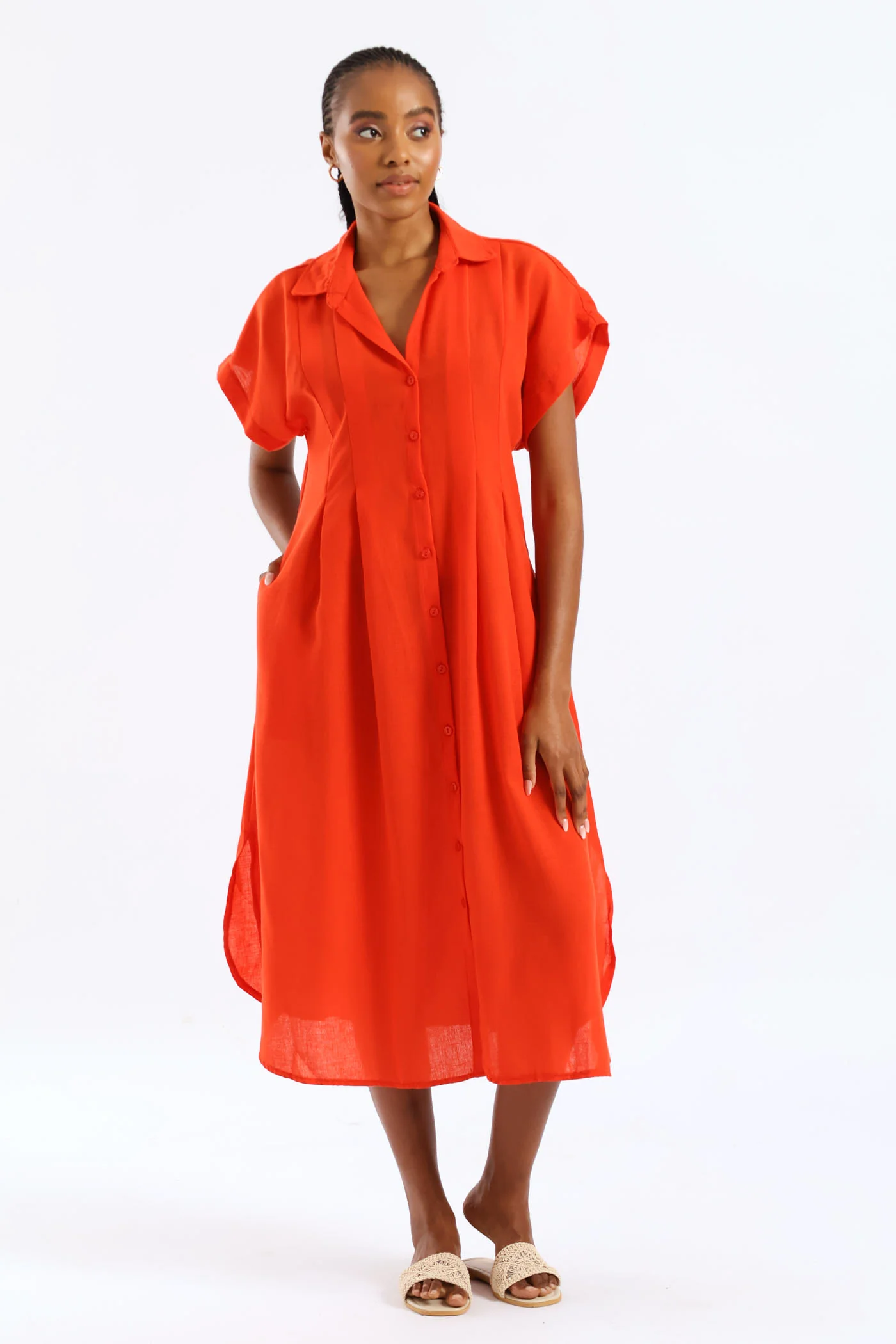 Pleated Bodice Kaftan Midi Shirt Dress - Vermilion