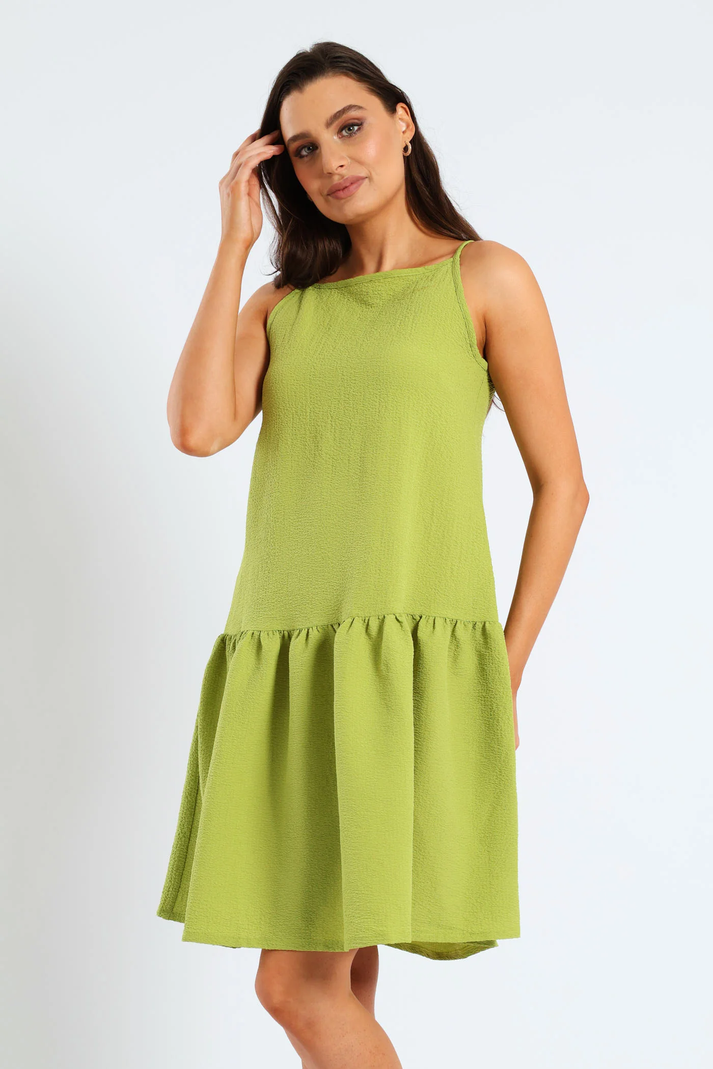 Hi-Neck Drop Waist Mini Dress - Lime