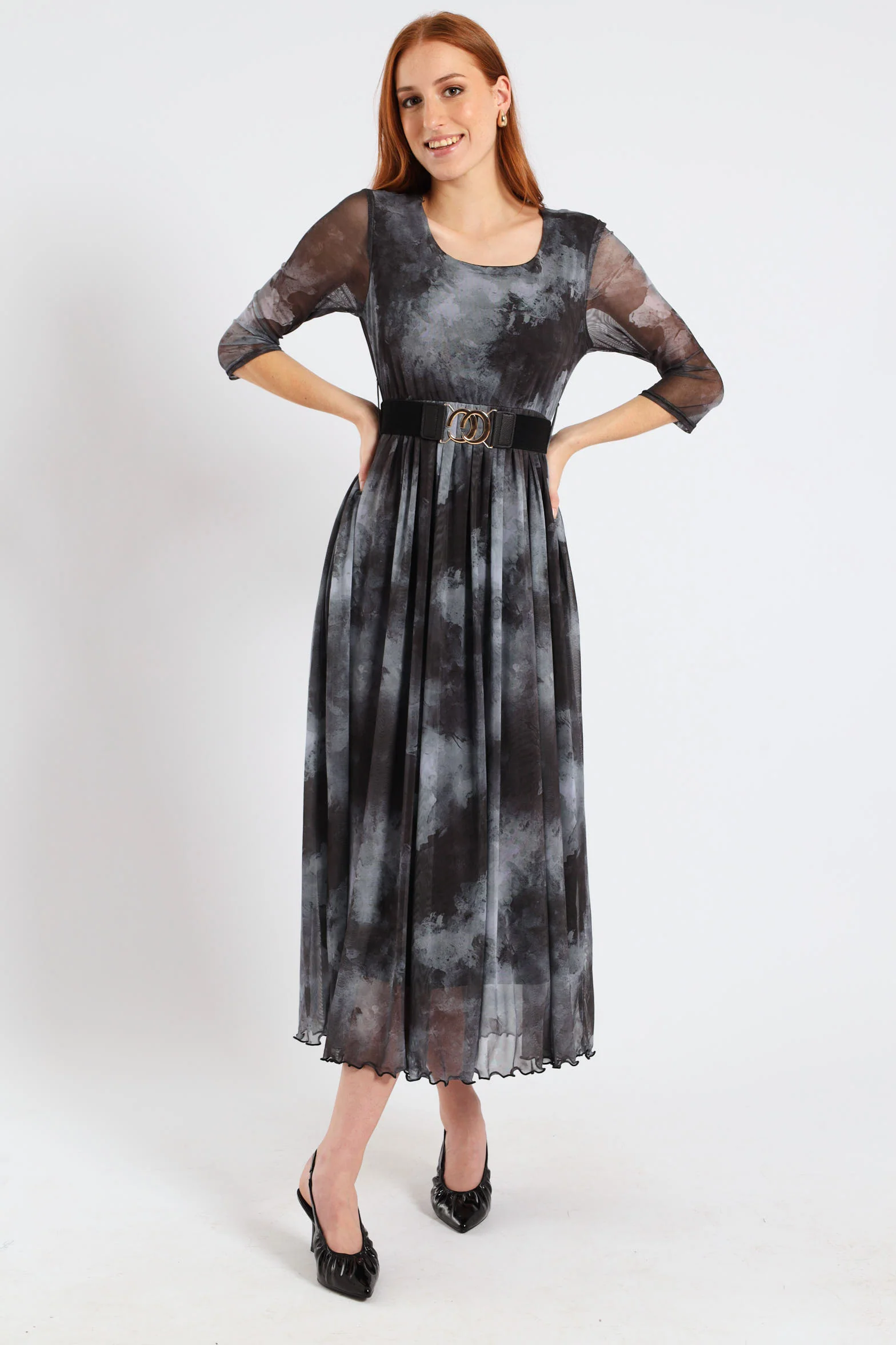 Pleated Mesh Maxi Dress - Marble Grey