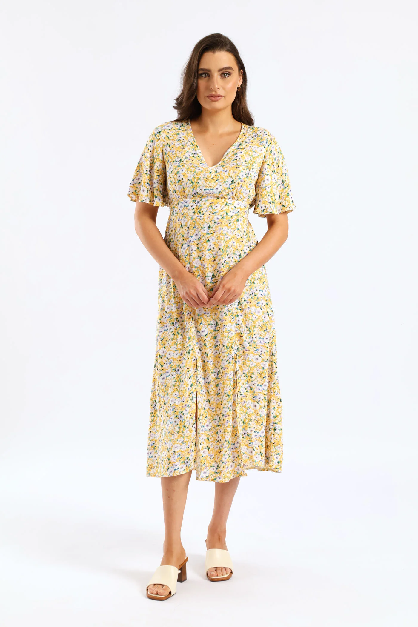 V-Neck Flutter Sleeve Midi Dress - Pastel Yellow