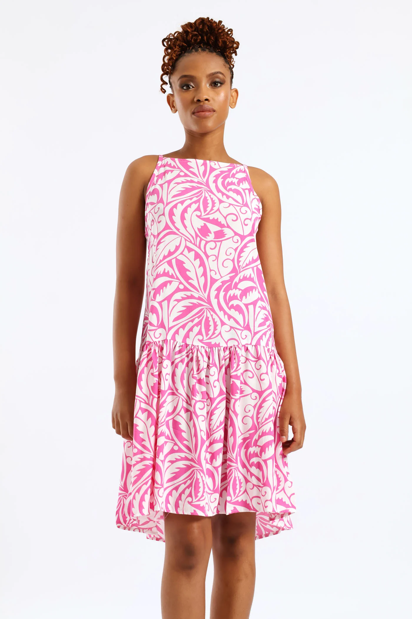 Hi-Neck Drop Waist Print Mini Dress - White/Pink