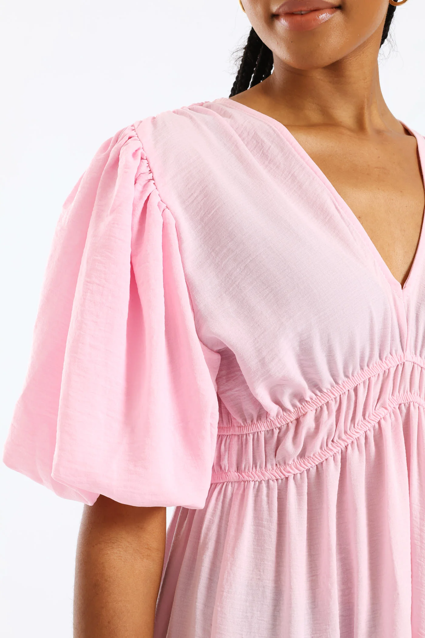 Bubble Sleeve V-Neck Tiered Midaxi Dress - Ice Pink