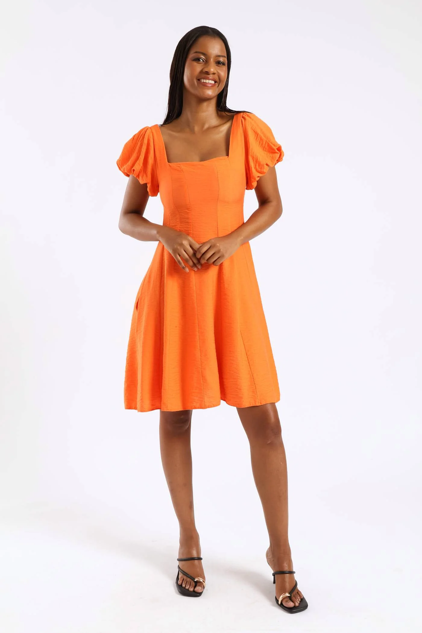 Bubble Short Sleeve Square Neck Pannelled Mini Dress - Orange