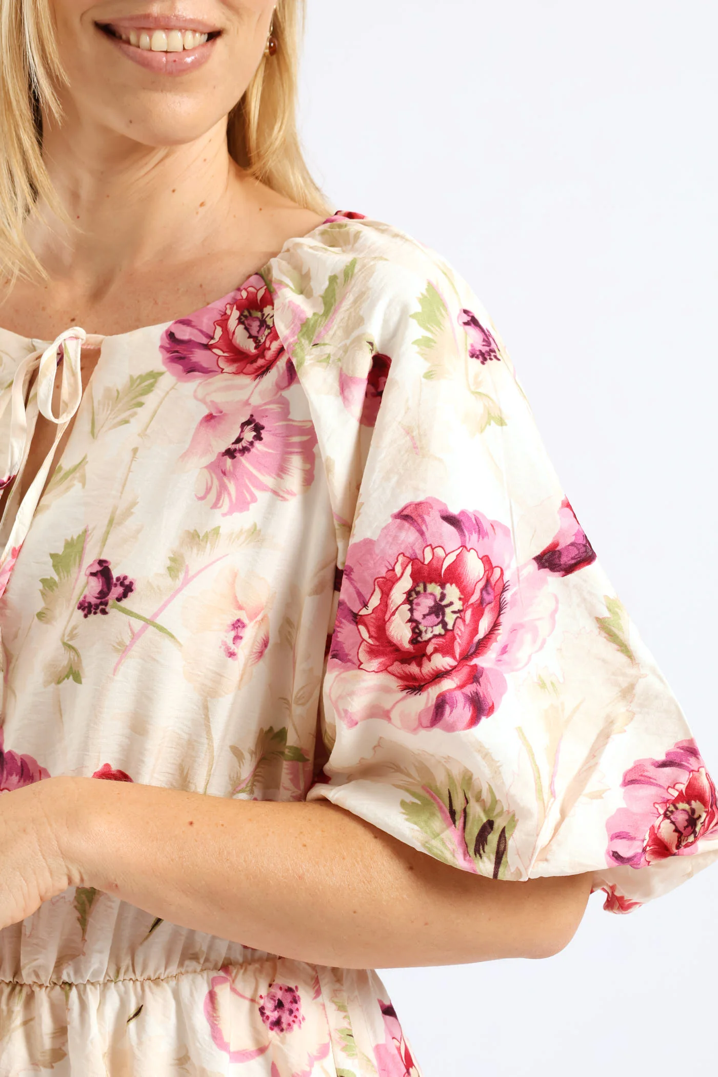 Bubble Sleeve & Hem Tie-Neck Mini Dress - Beige/Pink