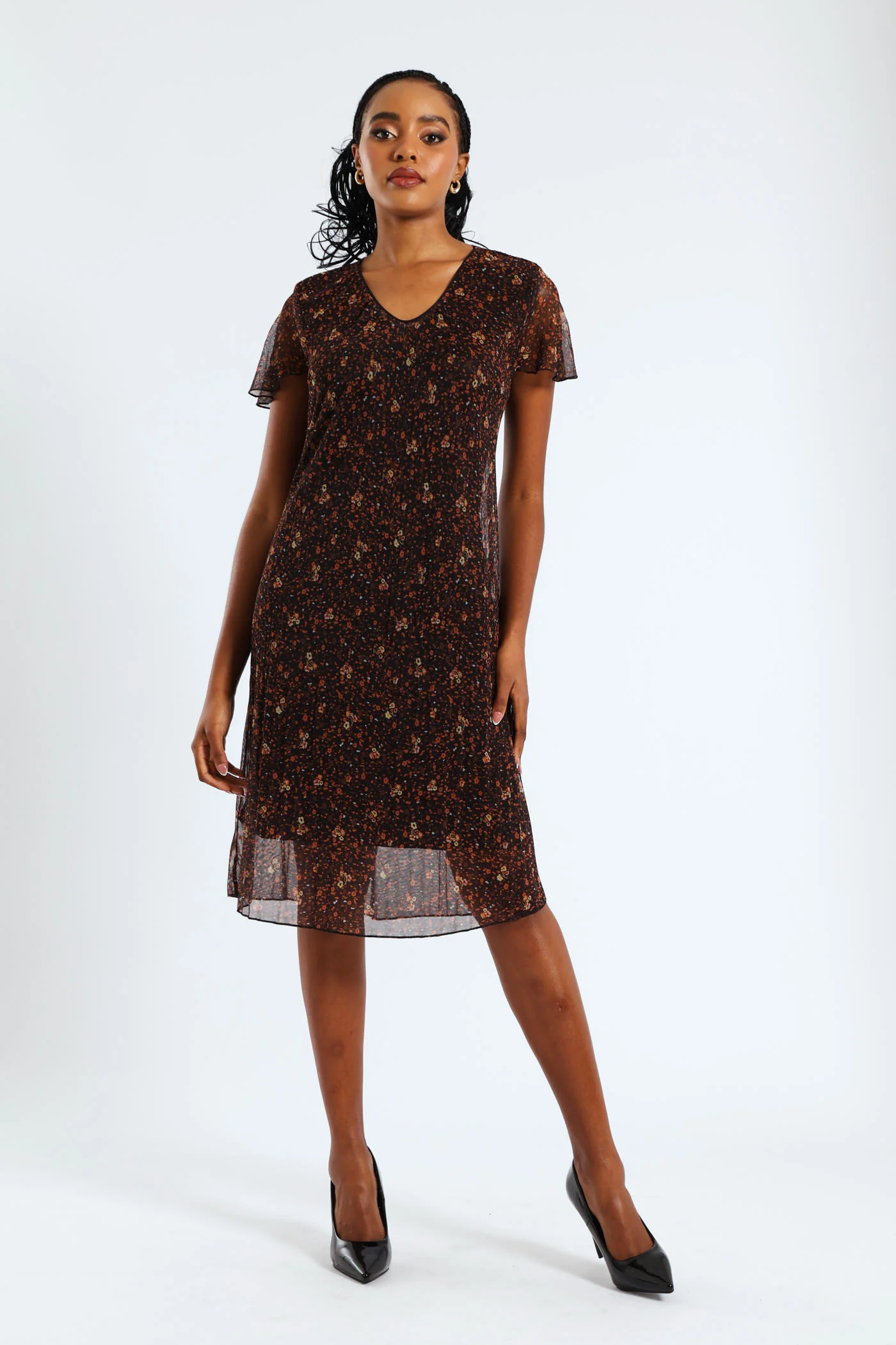 V-Neck Release Pleat Mesh Midi Dress - Black/Orange