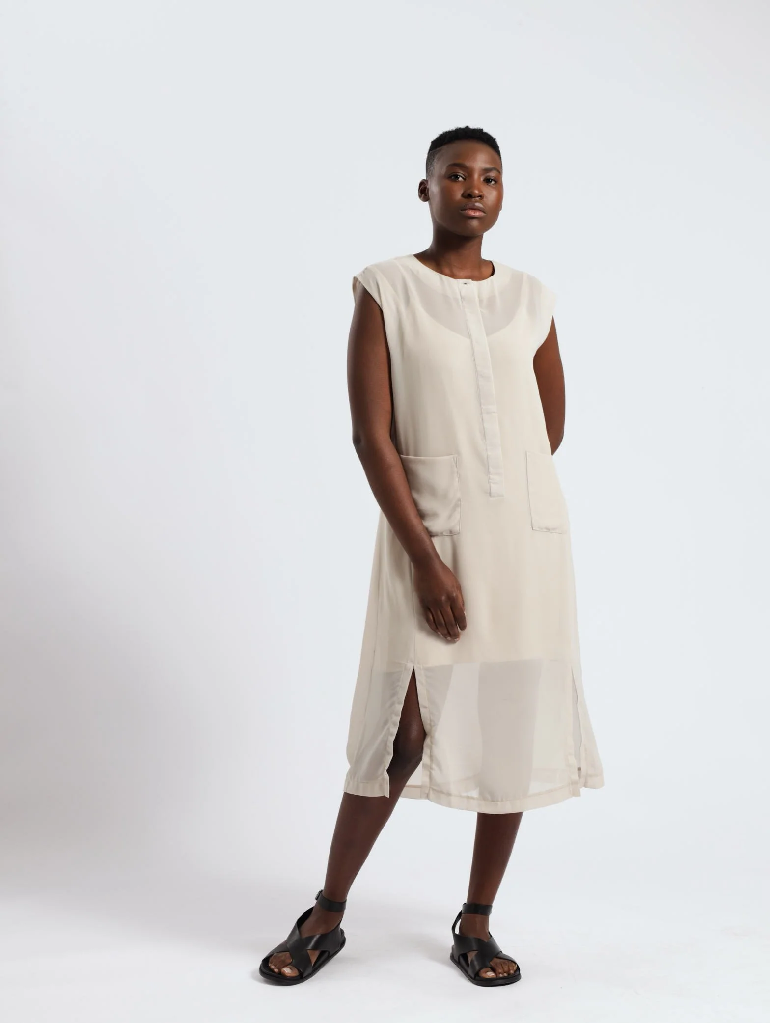 Sleeveless Sheer Patch Pocket Shirt Dress - Silver