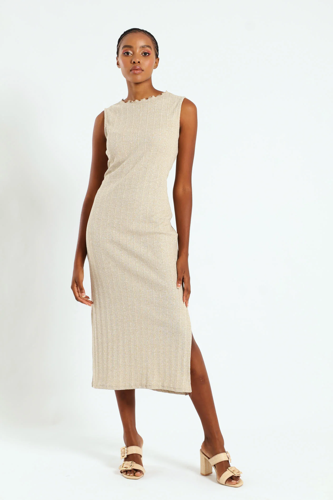 Lettuce Neck Rib Column Shimmer Maxi Dress - Oatmeal Melange