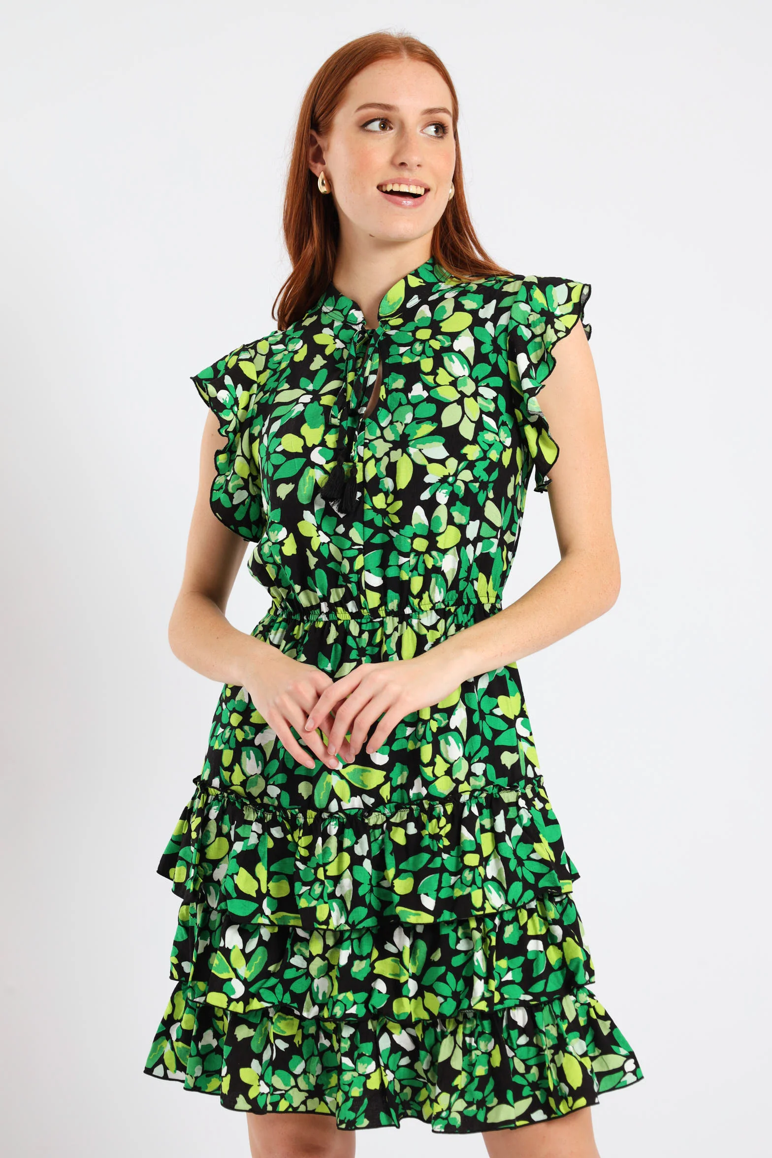 Frilly Waisted Leaf Print Mini Dress - Multi