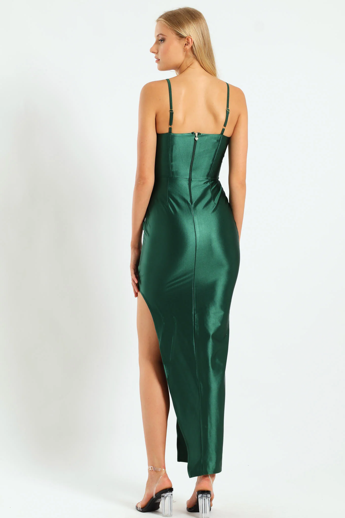 Corset Bodice & Pleated Asymmetrical Maxi Dress - Bottle Green
